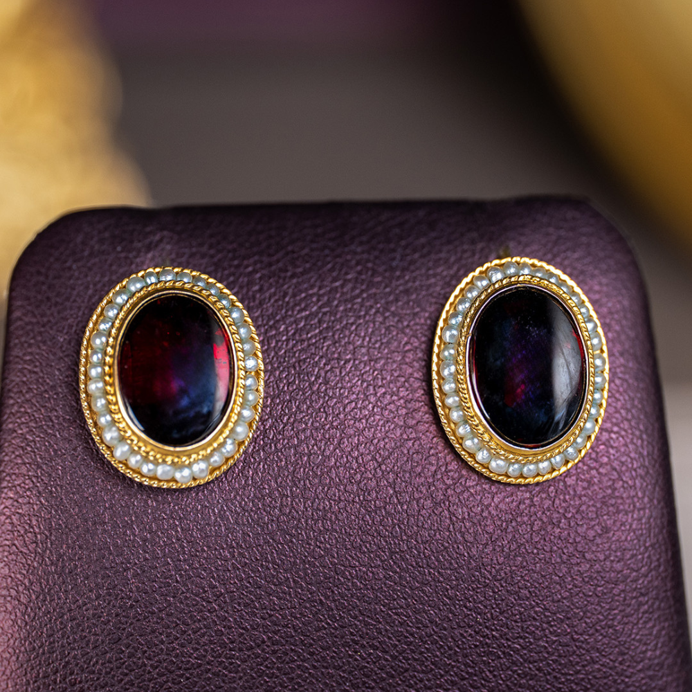 Cabochon Garnet and Seed Pearl Earrings