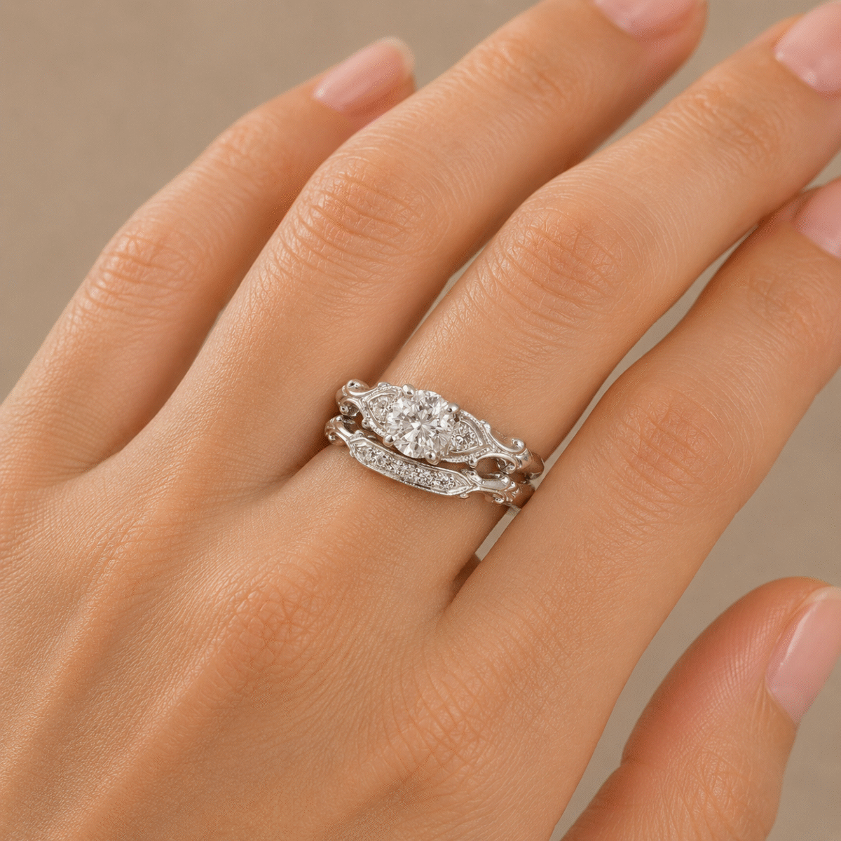 Hand wearing a platinum diamond soldered wedding set featuring a 0.62 carat round brilliant center diamond with sparkling accent diamonds along the engagement ring band