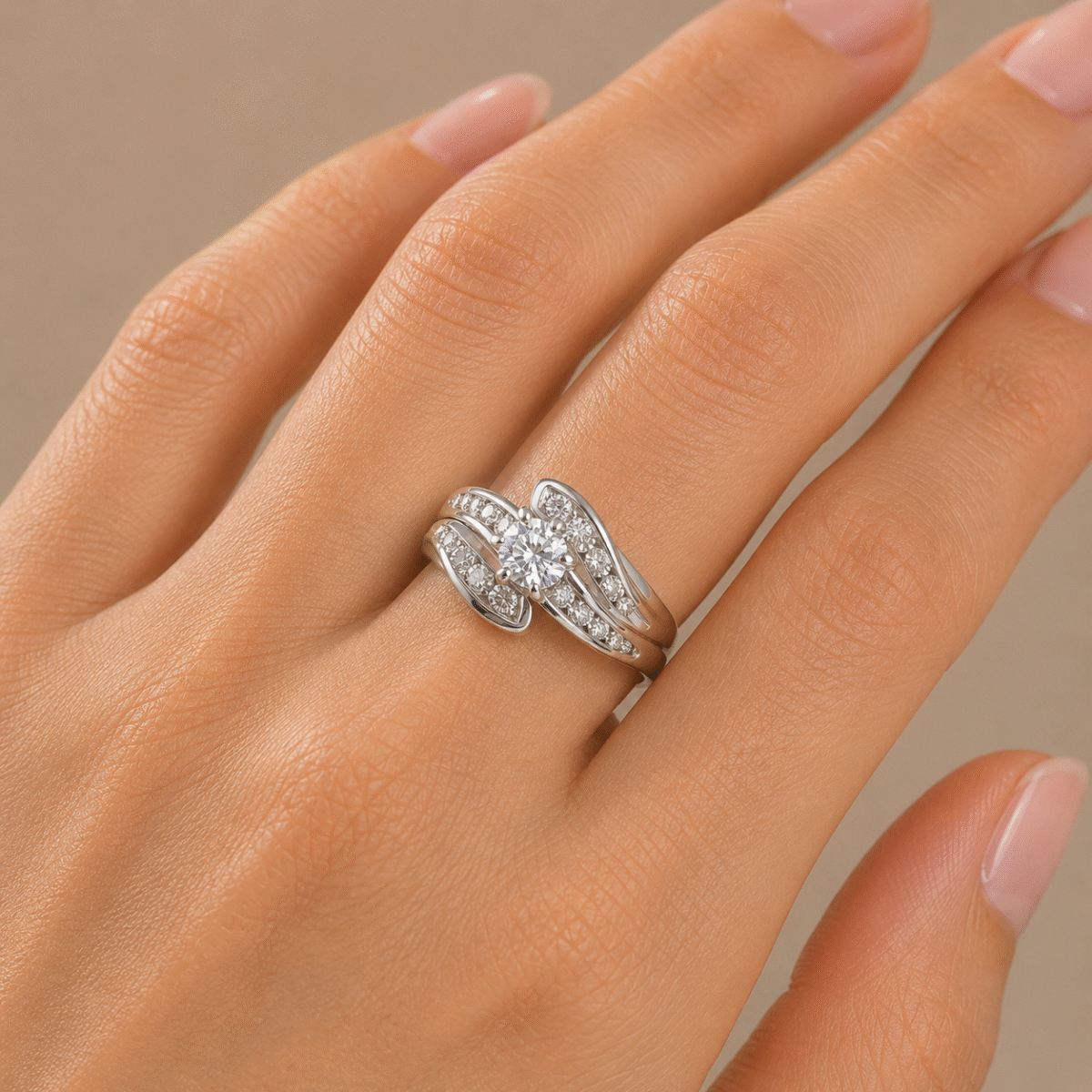 Hand wearing a custom 14K white gold diamond wedding ring set featuring a 0.66 carat center diamond with channel set accent diamonds.