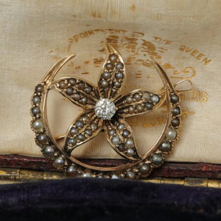Seed Pearl Crescent & Flower Brooch
